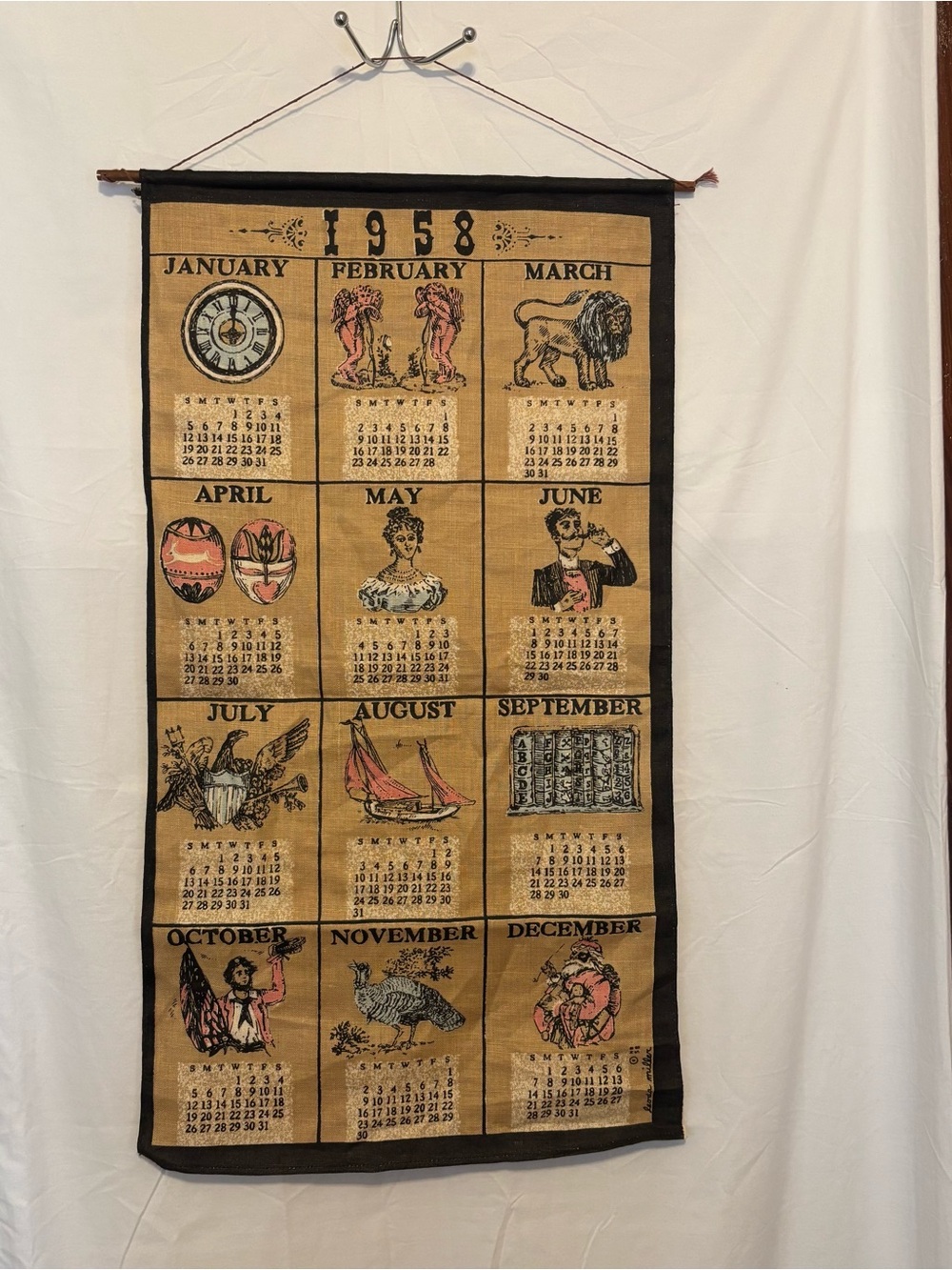 Vintage 1958 Wall Calendar Textile Folk Art Seasonal Motifs